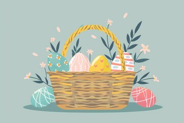 Fototapeta premium Easter basket with decorated eggs and flowers