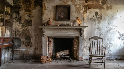 Abandoned room with fireplace, chair, and decaying walls.