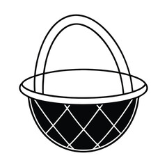 a vector silhouette of a round basket with a large, curved handle extending over the top
