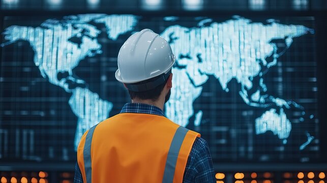A worker in a hard hat and safety vest examines a digital world map on a screen, representing technology and infrastructure.