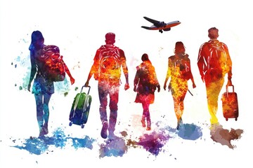 Naklejka premium People walking together on a road or sidewalk, carrying suitcases and backpacks, likely traveling