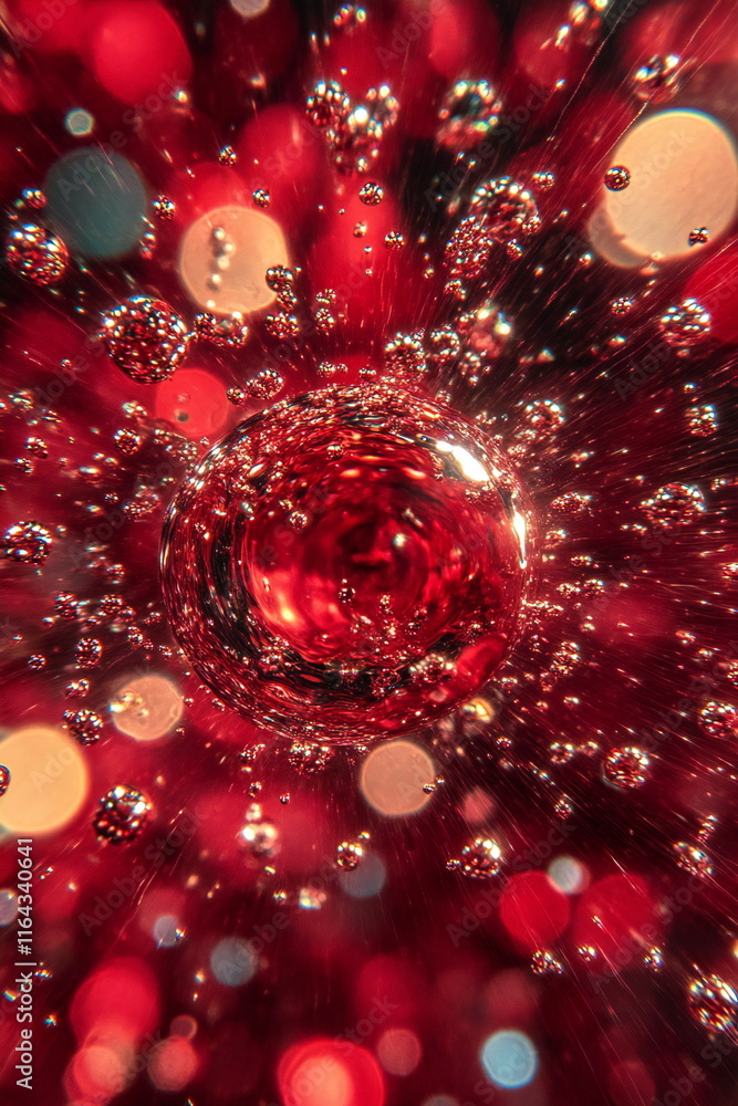 Poster exploring the vibrant world of bubbles and reflections in red liquid during a close-up macro shot