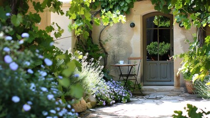 Naklejka premium A table and chairs sit in front of a building with a door and a potted plant on its table
