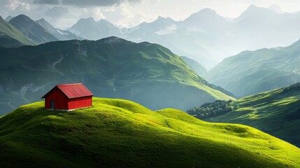   A red house sits atop a verdant green hill, surrounded by a sea of lush green grass
