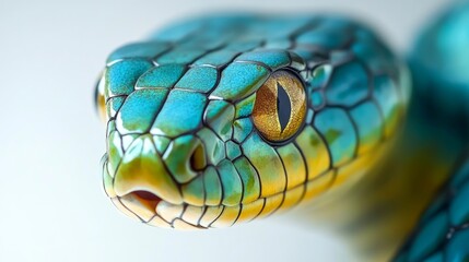 A vibrant green tree python rests with its head slightly raised, displaying intricate scales and captivating golden eyes, all set against a soft, neutral background