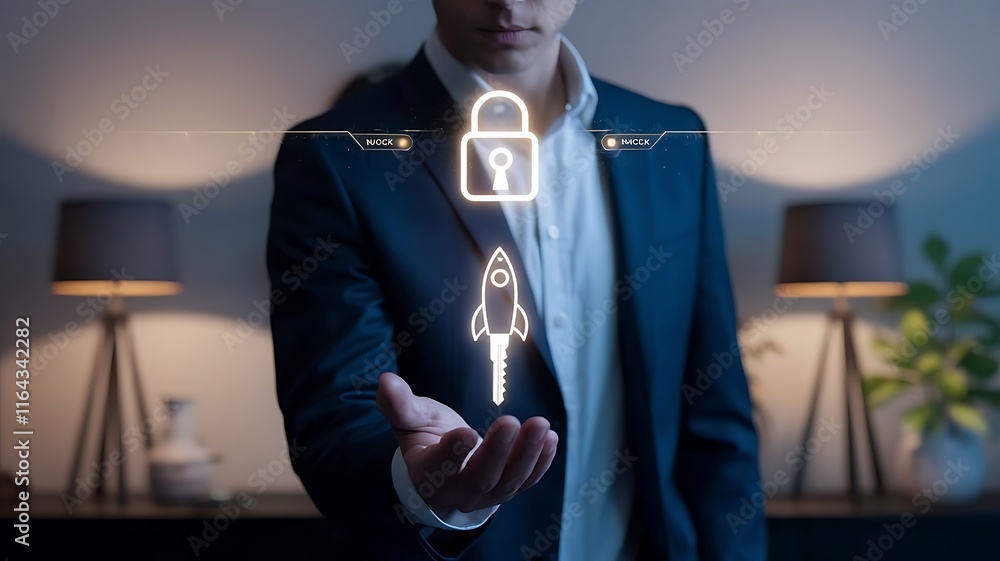 Poster secure launch: a businessman's outstretched hand displays a glowing rocket ship and padlock, symboli