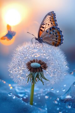 Fototapeta A colorful butterfly perches on top of a fluffy dandelion