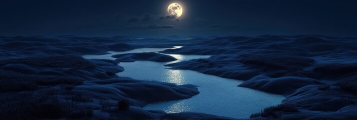 Fototapeta premium Moonlit River Winding Through Rolling Hills At Night
