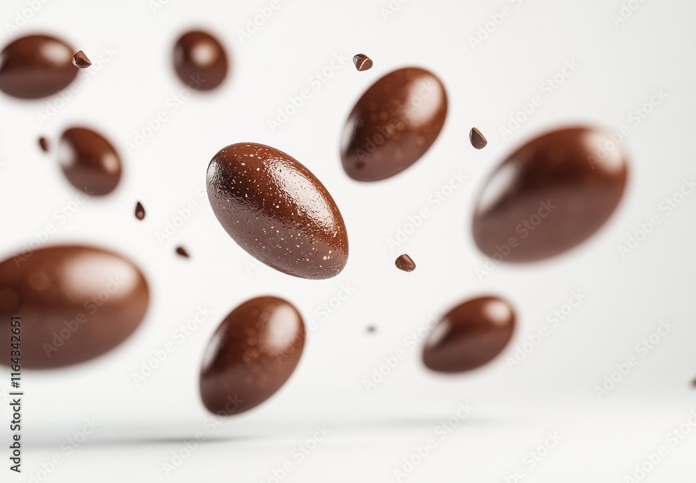 Poster floating chocolate eggs with glimmering surface on a soft white background capturing the essence of 