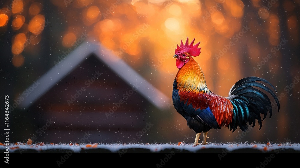 Poster a colorful rooster standing in a snowy yard with snowfall on the ground and trees in the background