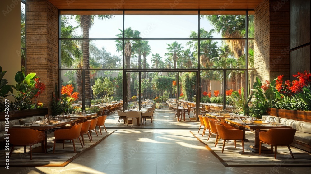 Poster A spacious dining area features rows of tables surrounded by bright flowers and palm trees. The sunlight filters through large glass windows, creating a warm atmosphere.