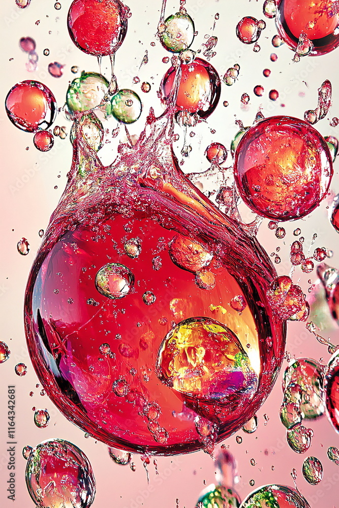 Poster colorful spheres burst and collide in a refreshing display of liquid motion over a light backdrop