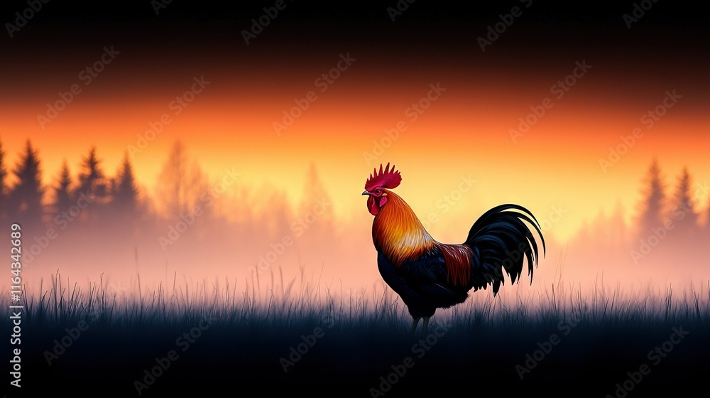 Poster a rooster standing in a field with a sunset in the background and trees surrounding it