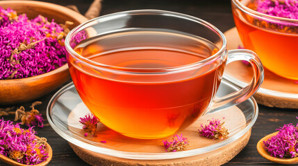 Two glass tea cups with floral herbal tea on wooden saucers, surrounded by small wooden bowls with dried purple flowers, on a dark rustic wooden table, for beverage or food concept