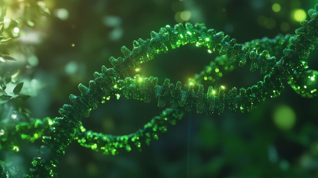 Vivid green DNA strands twist through a tranquil setting filled with plants and soft lighting, creating a serene atmosphere that invites contemplation about life and nature