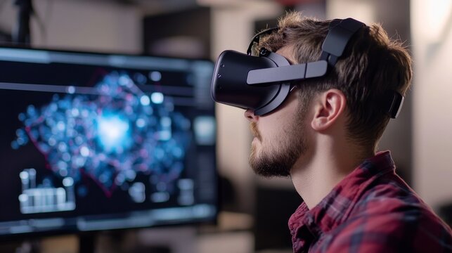 A young man is fully immersed in virtual reality, wearing a headset while interacting with a dynamic digital display in an innovative office environment, showcasing tech advancements and creativity