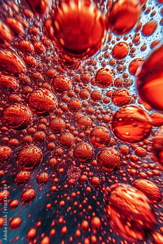 Poster close-up of vibrant red bubbles suspended in water, creating an abstract and dynamic visual effect