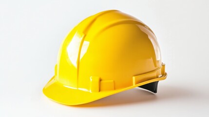 Fototapeta premium A bright yellow hard hat is positioned on a plain, neutral background. The hard hat is designed for safety in construction or industrial work. The clean space allows for text or graphic additions