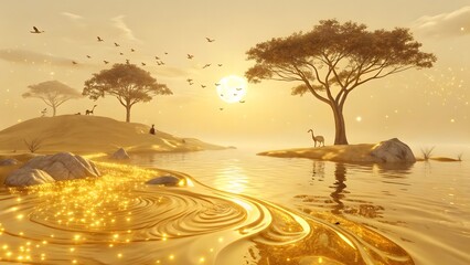 Golden Islands with Whimsical Wildlife Amidst Shimmering Waters and Sunlight V1