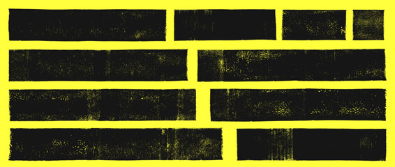 Linocut vector relief printing rectangle shapes, stripes of various length, rough grunge textures collection. Textured backgrounds set. Paint roller stains, lino ink grungy geometric text box template