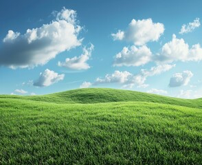 Fototapeta premium The image can be named: Sunny green field with blue sky and white clouds in a peaceful countryside