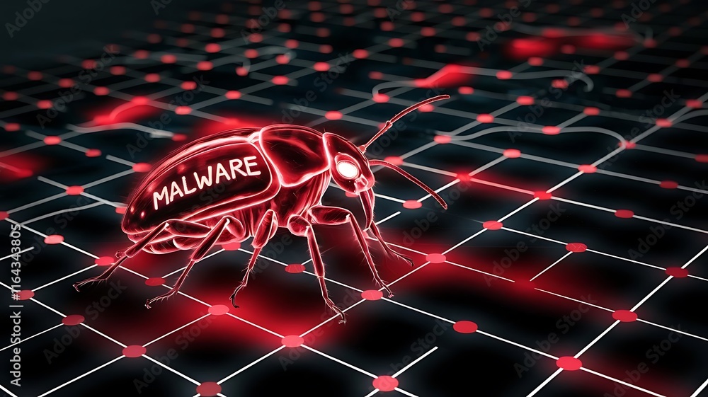 Poster malware bug threat: a menacing digital bug crawls across a network grid, its menacing silhouette glo