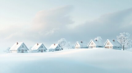   A snow-covered scene featuring a row of homes in the foreground and tall trees in the distance