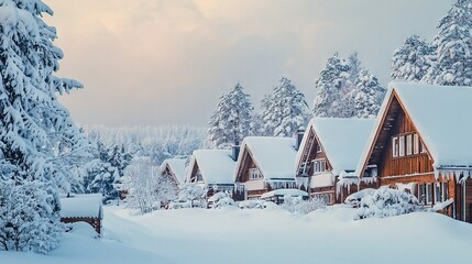 Fototapeta premium A cluster of homes enveloped by snow amidst a forest, with trees in the foreground and an overcast backdrop