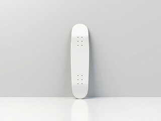 Blank Skateboard Deck Mockup: A clean, minimalist image of a blank skateboard deck, perfect for showcasing your designs or branding. The deck is isolated on a white background.
