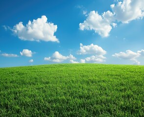 Obraz premium The image can be named: Sunny green field with blue sky and white clouds in a peaceful countryside