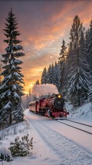 Naklejka premium A red steam train passing through snow-covered trees, symbolizing Christmas and New Year travel to the North Pole.
