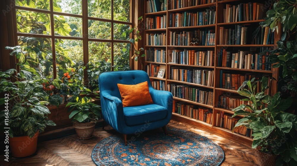 Aufkleber a blue armchair with an orange pillow is positioned in a sunny corner of a library. vast bookshelves