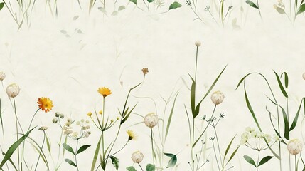   A painting of a field of wildflowers and dandelions on a white background, featuring grass and flowers prominently in the foreground