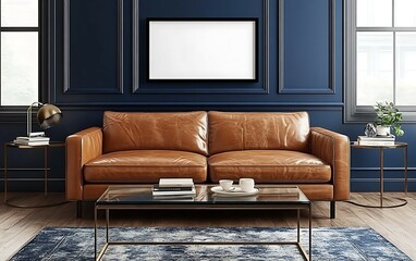 Fototapeta premium Tan leather sofa in a navy blue room with a blank frame, coffee table, and side tables.