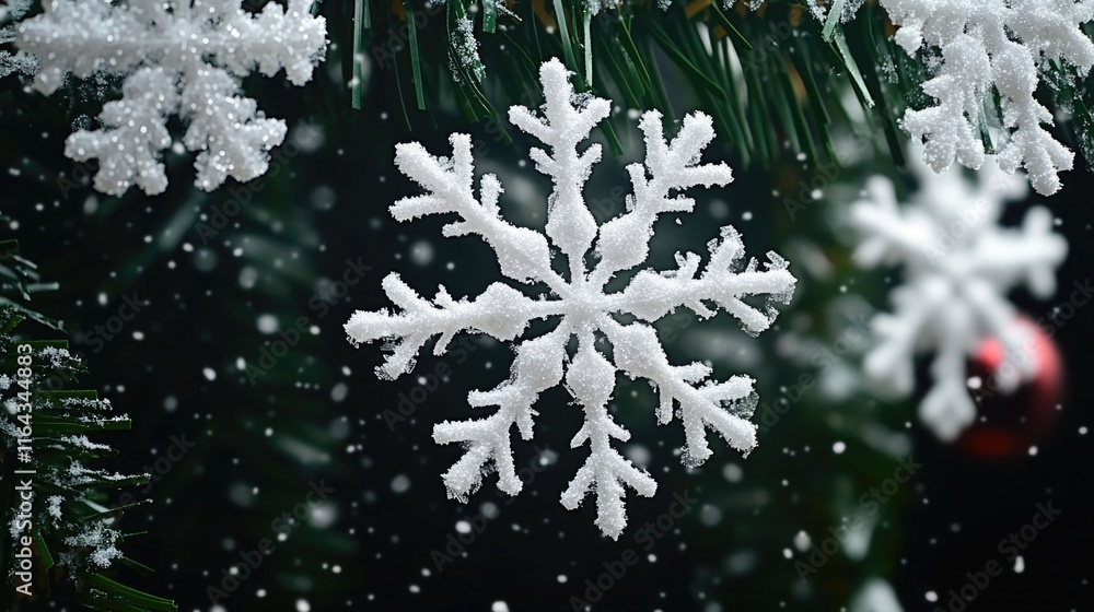 Poster a single snowflake hangs from a christmas tree branch