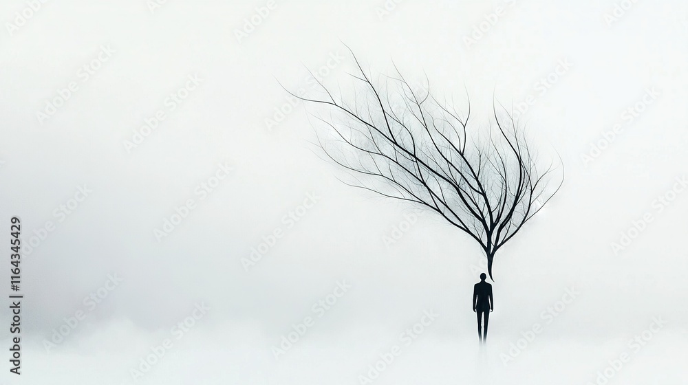 Poster person in foggy field with bare tree behind