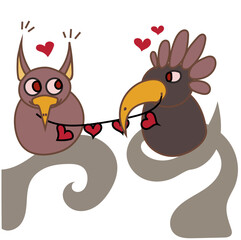 Two happy birds sitting on two branches, smiling to each other, holding a line with hearts on it. Concept of love. Vector drawing for St. Valentine.