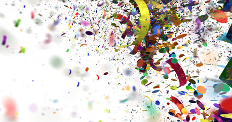 Fototapeta premium Abstract background with colorful confetti and ribbons falling on a white background. Perfect for celebratory or festive designs.