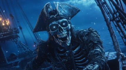 Skeleton pirate standing on shore with a ghostly ship sailing under the moonlight