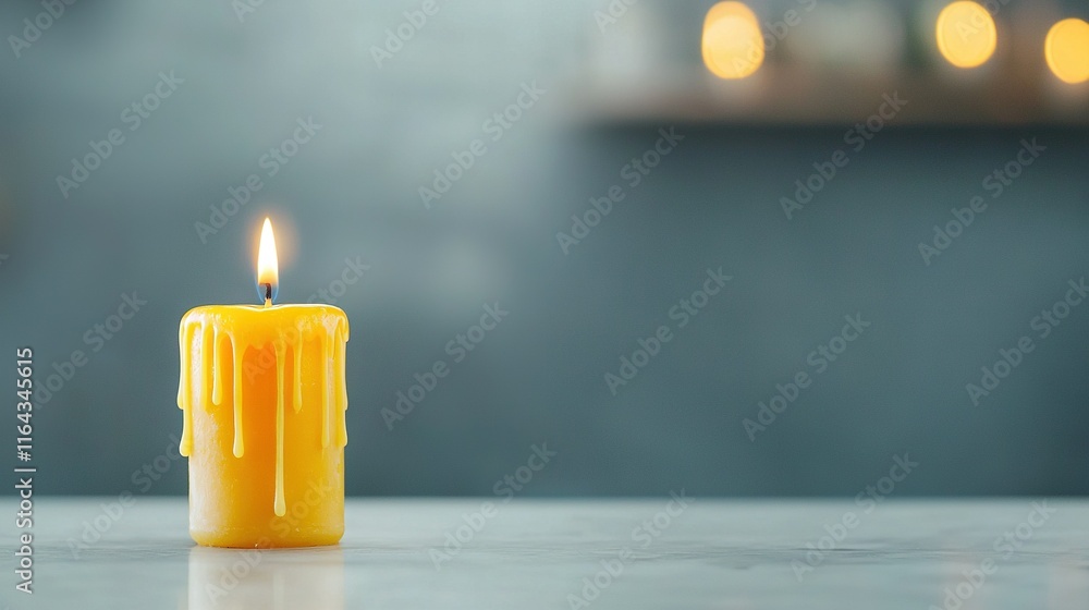 Poster a photo of a yellow candle on a table with a hazy backdrop and an out-of-focus window behind it