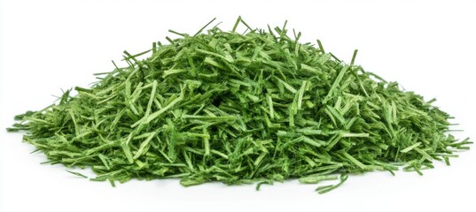 Freshly Cut Green Tea Leaves Piled Neatly in a Mound on a White Background, Showcasing the Vibrant Color and Texture of Organic Ingredients for Culinary Use