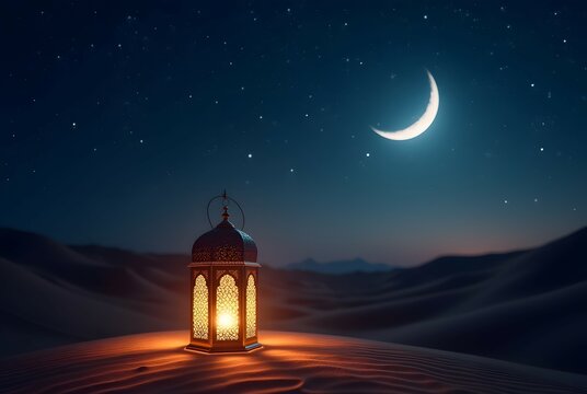 Ramadan Kareem - Arabic Lantern At Night In desert With Crescent Moon And Magic Glittering