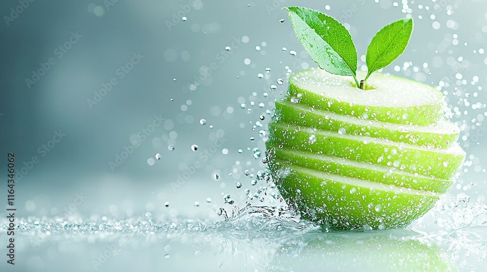 Poster a green apple with a leaf sprouting from its center and water splashing around it