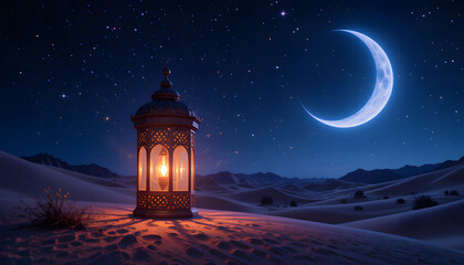 Ramadan Kareem - Arabic Lantern At Night In desert With Crescent Moon And Magic Glittering