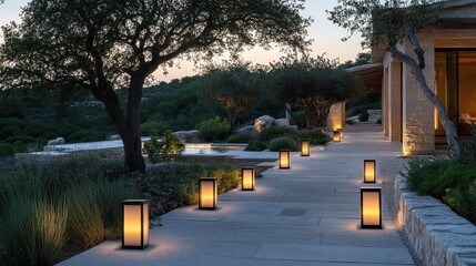 Serene Evening Pathway with Modern Lanterns