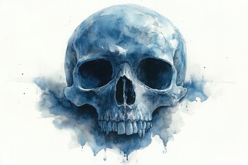 A watercolor illustration of a skull set against a clean white background