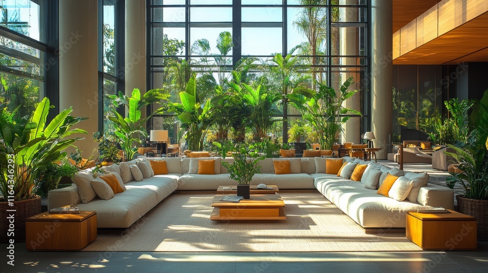 Poster a spacious lounge area features a large white sectional sofa adorned with orange cushions. lush plan
