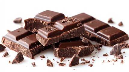 Delicious dark chocolate pieces and shavings on white background.