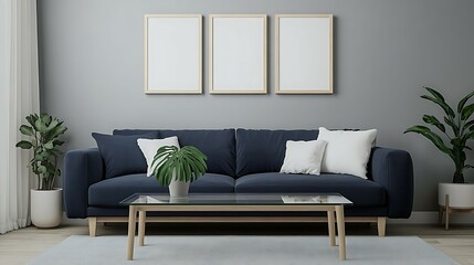 Modern living room interior with navy sofa, three frames, plants, and glass coffee table.