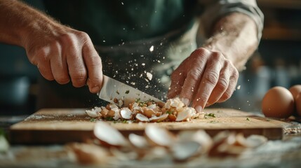 A man is cutting food on a wooden cutting board